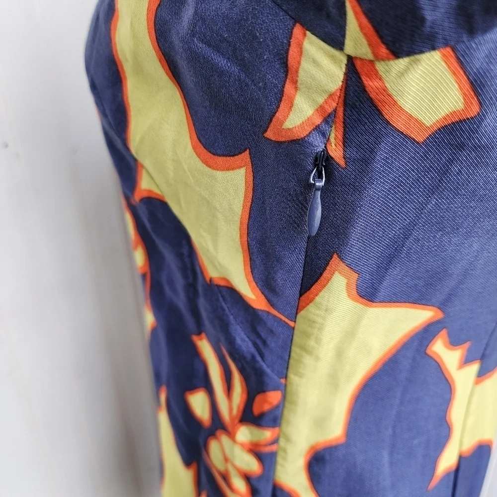 Ann Taylor LOFT Floral Knee Length Dress Navy Blue Green Orange 3/4 Sleeve 0P